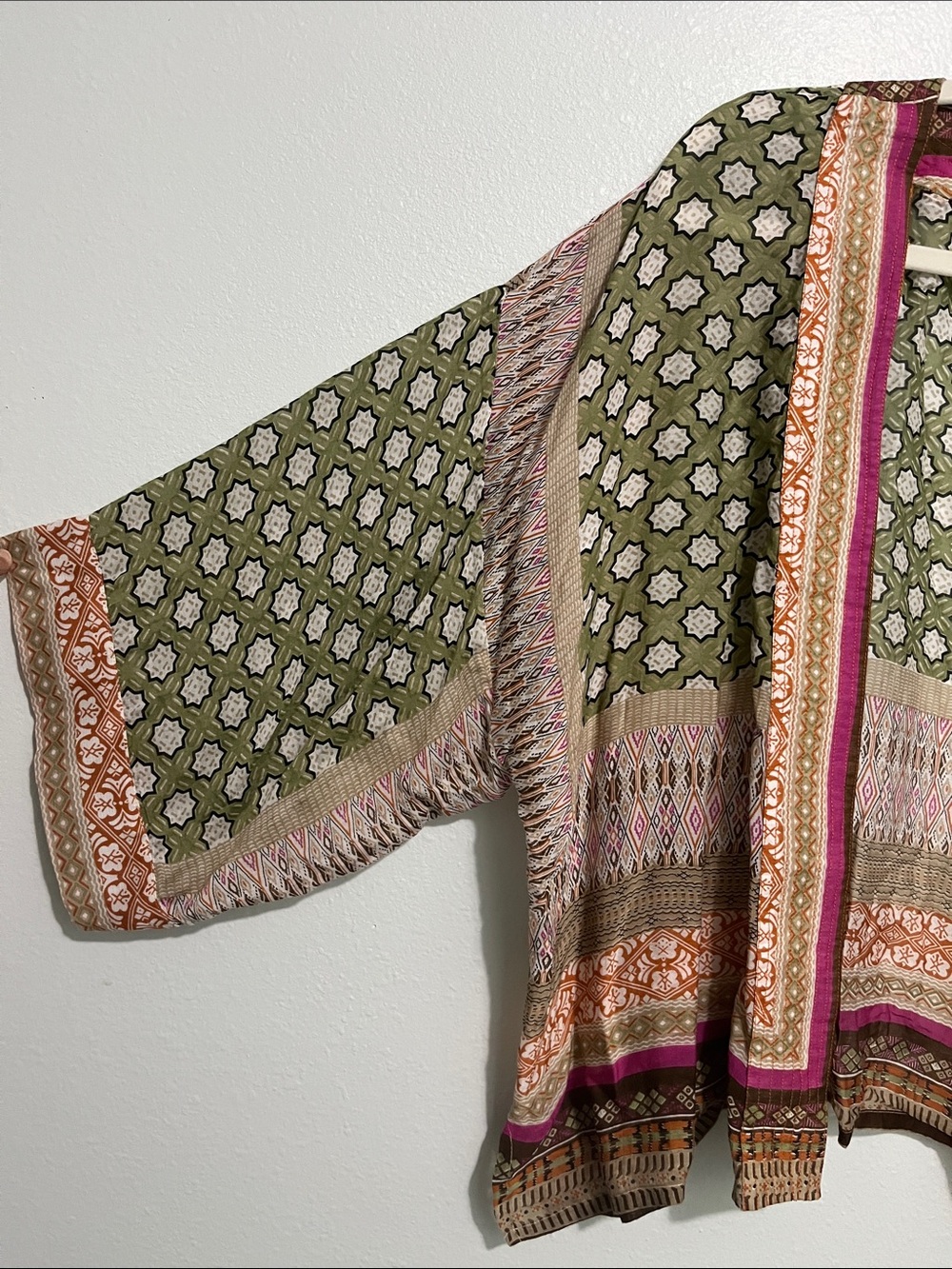 One Hundred Stars Olive Patterned Open-Front Kimono with Pink & Orange Trim - Picture 3 of 6